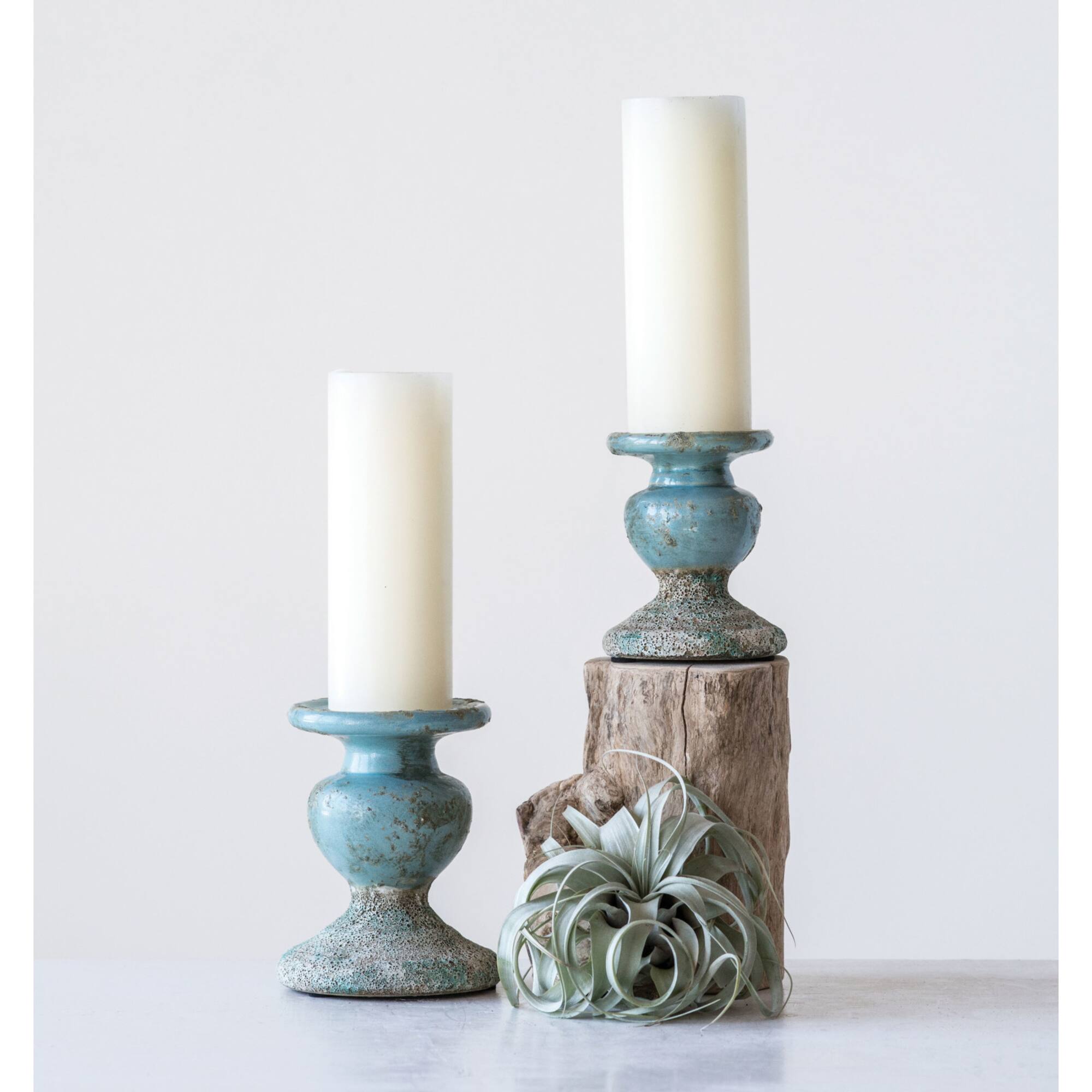 Hello Honey® 7'' Blue Distressed Terracotta Pillar Candle Holder